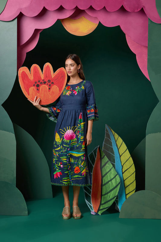 Gorman - Pretty Protea Embroidered Dress - navy