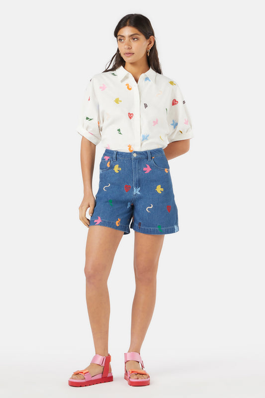 Gorman - Birds And Flowers Embroidered Short - blue