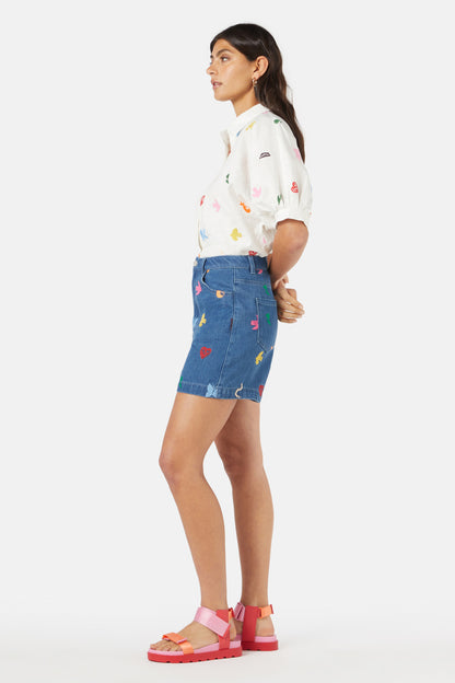 Gorman - Birds And Flowers Embroidered Short - blue