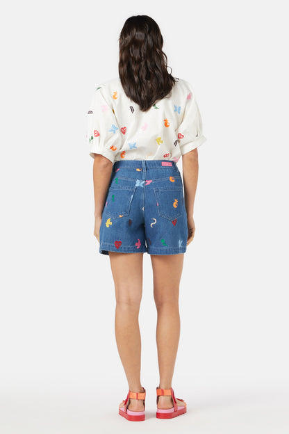 Gorman - Birds And Flowers Embroidered Short - blue