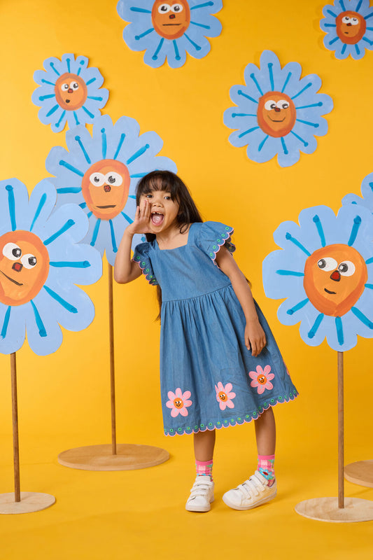 Gorman - Daisy Embroidery Kids Dress - denim