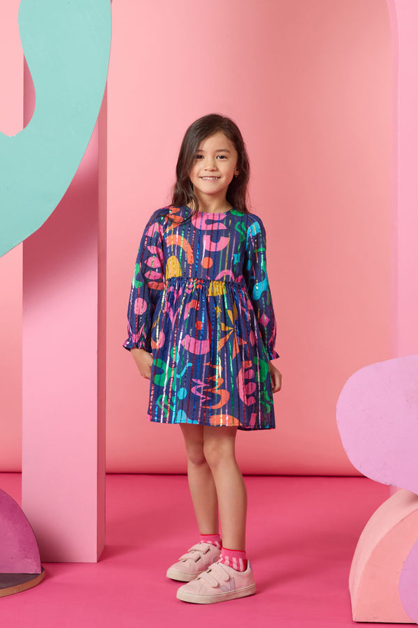 Gorman - Playful Shapes Frill Kids Dress - blue