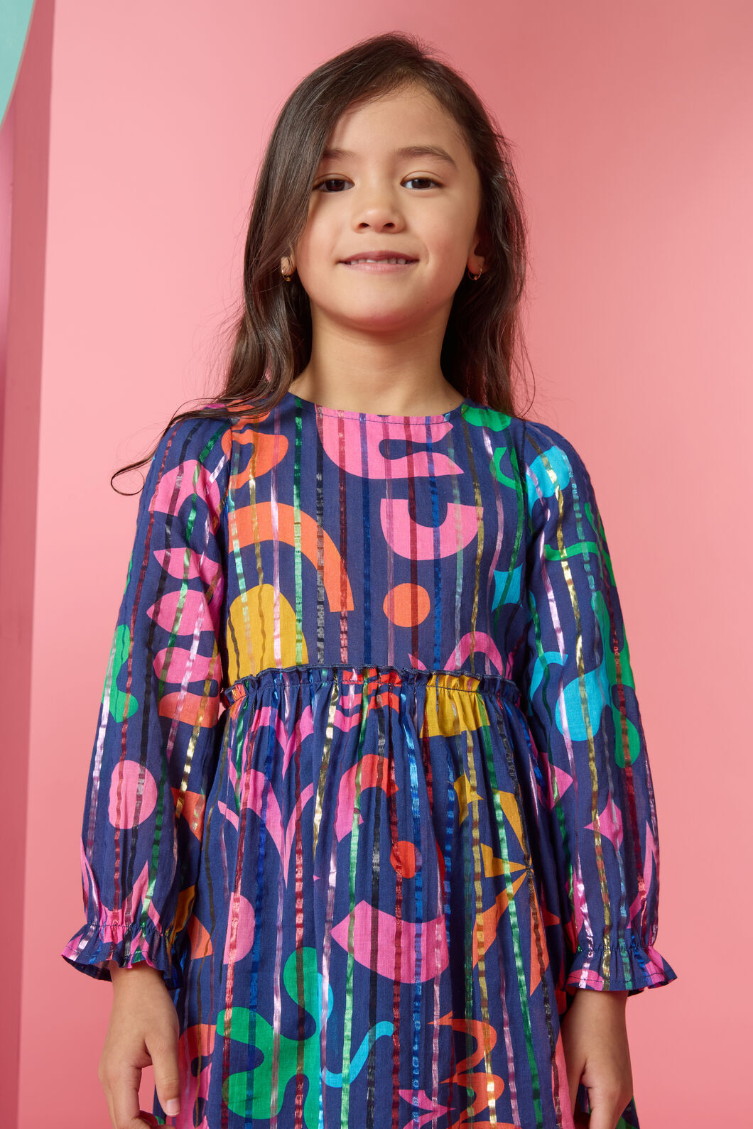 Gorman - Playful Shapes Frill Kids Dress - blue