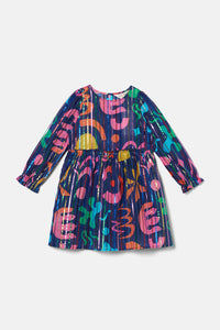 Gorman - Playful Shapes Frill Kids Dress - blue