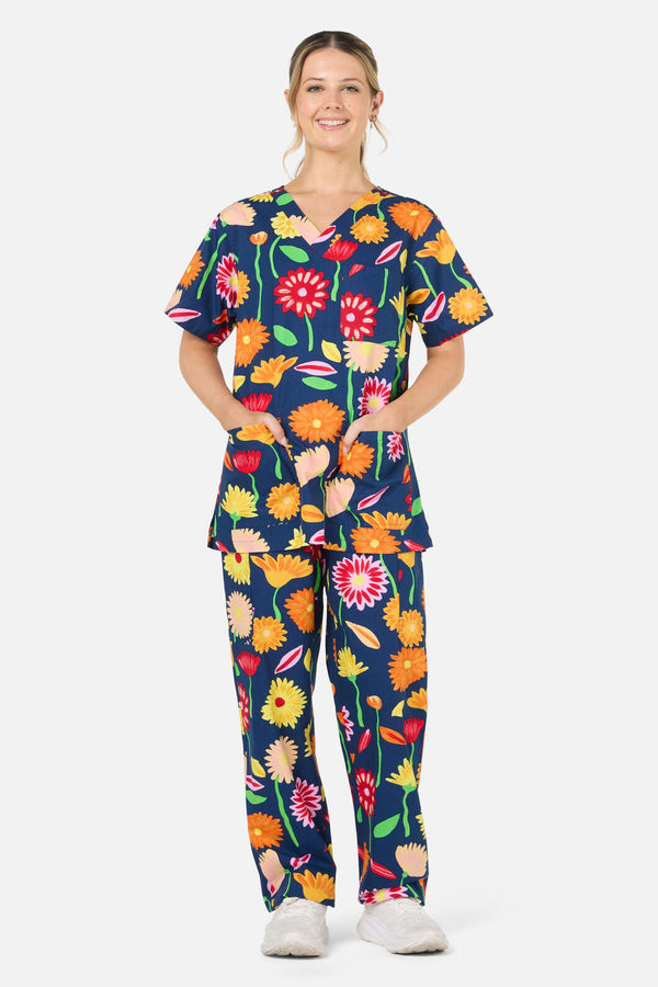 Gorman - Sunshine Flowers scrub set - navy