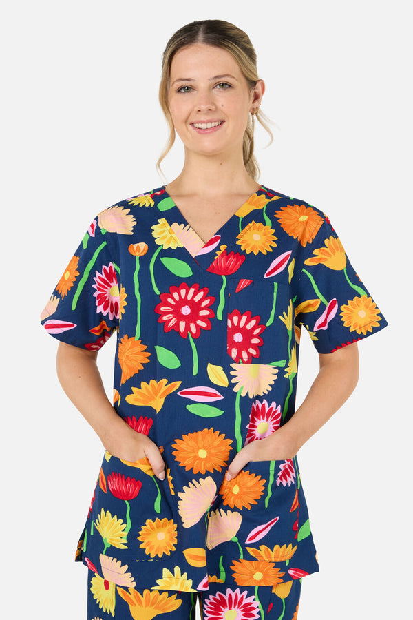 Gorman - Sunshine Flowers scrub set - navy