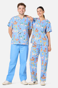 Gorman - Dog Picnic Top & Pant Scrub Set - blue